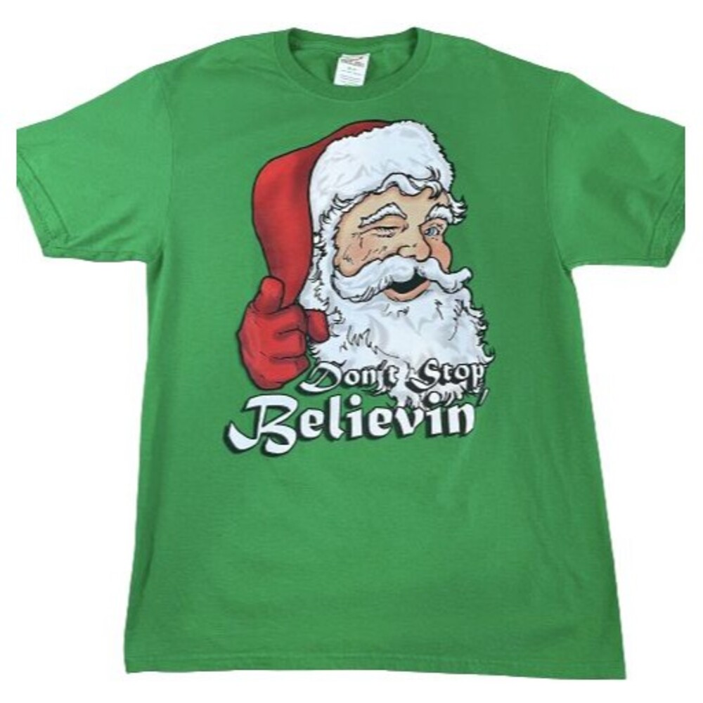 Santa 'Don't Stop Believin' Men's Medium Green T-Shirt